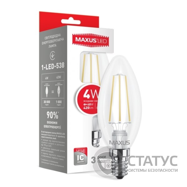 LED лампа MAXUS (filam), C37, 4W, яркий свет,E14 (1-LED-538-01)