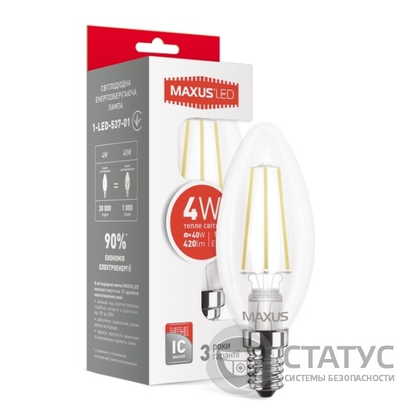 LED лампа MAXUS (filam), C37, 4W, теплый свет,E14 (1-LED-537-01)