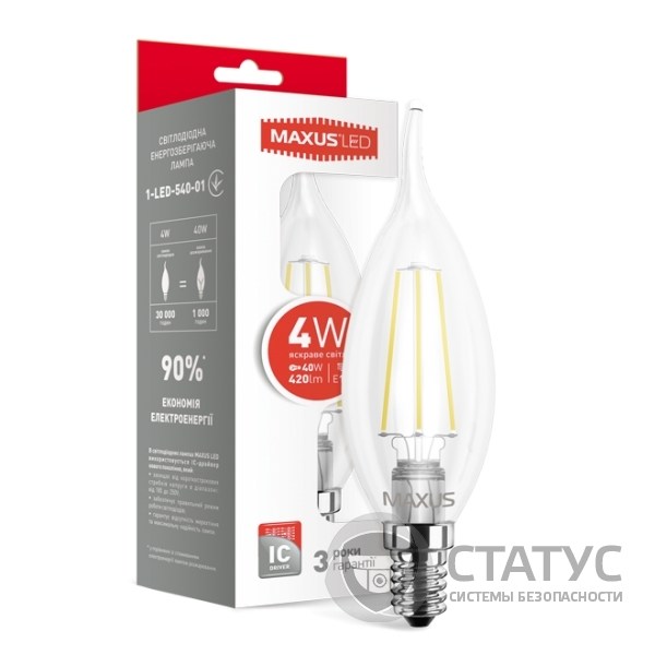 LED лампа MAXUS (filam), C37 TL, 4W, яркий свет,E14 (1-LED-540-01)