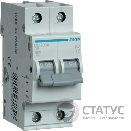 Автоматичний вимикач Hager 2Р 6А C (MC206A)