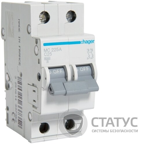 Автоматичний вимикач Hager 2Р 25А C (MC225A)