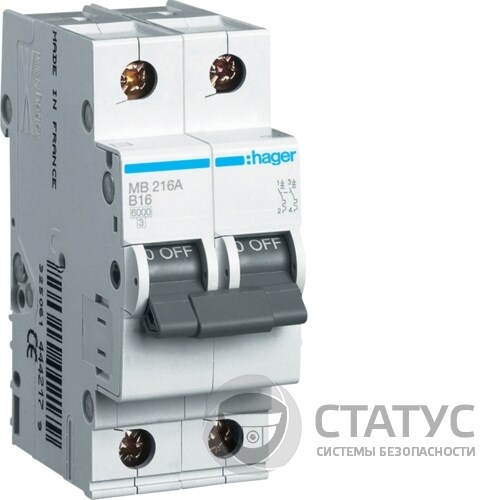 Автоматичний вимикач 2P 6kA B-16A 2M (MB216A)