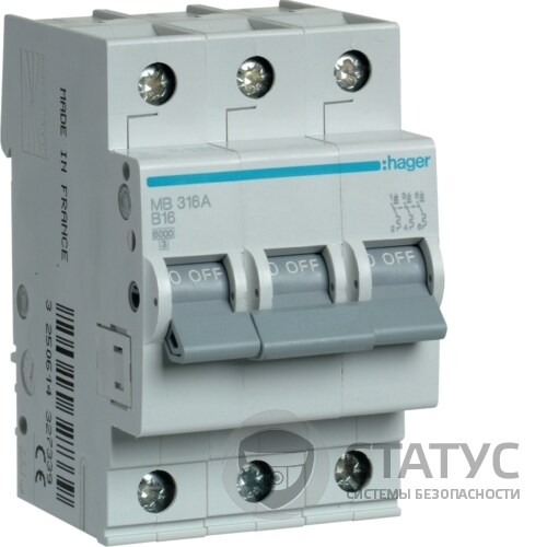 Автоматичний вимикач 3P 6kA B-16A 3M (MB316A)