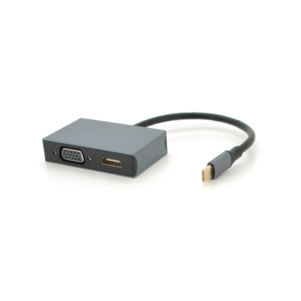 Хаб Type-C(папа) аллюминиевый, HDMI(мама)+VGA(мама), 23cm, Silver