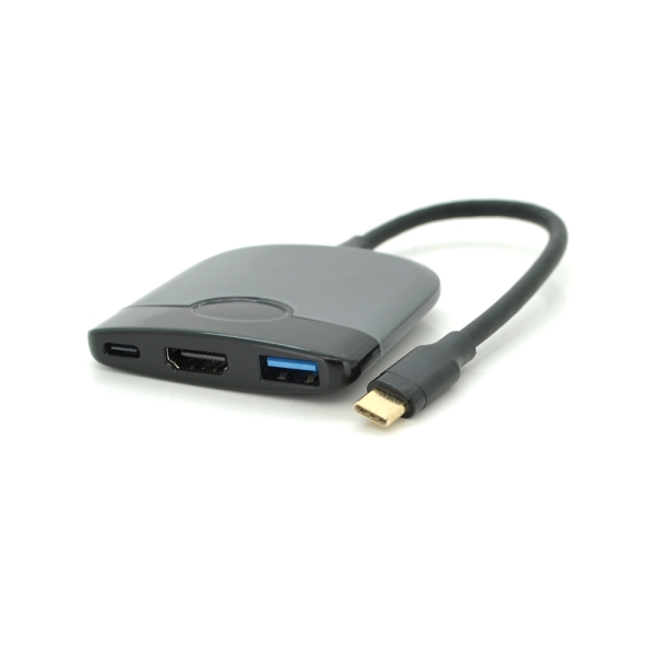 Хаб Type-C(папа) пластиковый, HDMI(мама)+USB3.0(мама)+PD(мама), 23cm, Black