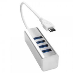 Хаб Type-C алюминиевый, 4 порта USB 3.0, Silver, Blister