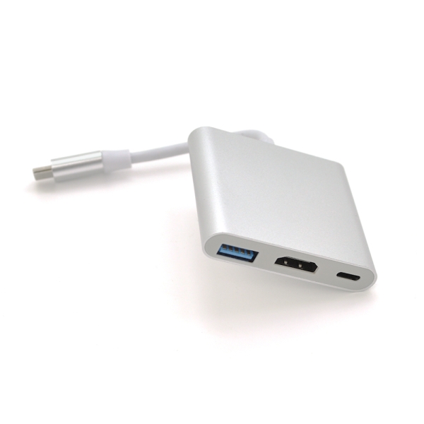 Конвертер Type-C (папа) на HDMI(мама)+USB 3.0(мама)+Type-C(мама) 10cm, Silver, 4K / 2K, Пакет