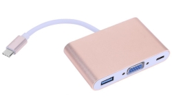 Конвертер Type-C (папа) на VGA(мама)+USB 3.0(мама)+Type-C(мама) 10cm, GOLD, 4K / 2K, Пакет