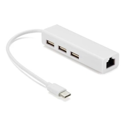 Хаб-конвертер Type-C to Ethernet Сетевой адаптер 10 / 100Mbps с проводом + 3 порта USB2.0, White, Blister-Box