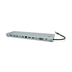 Хаб-конвертер 12 в 1 Type-C (папа) на Type-C(мама)+2*USB2.0(мама)+USB3.0(мама)+2*HDMI(мама)+VGA(мама)+SD / TF+RJ45+ jack3.5 (мама)+PD, 10cm, Silver, Box