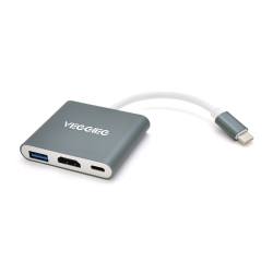 Хаб-конвертер VEGGIEG TC03 Type-C (папа) на Type-C(мама) + USB3.0(мама) + HDMI(мама), 10 см, Silver, Box