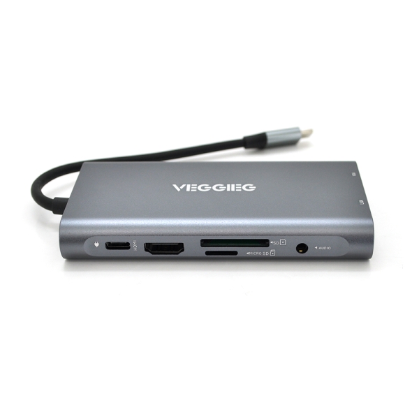 Хаб-конвертер VEGGIEG TC10-U Type-C (папа) на Type-C(мама) + USB3.0*3(мама) + HDMI(мама) + VGA(мама) + SD / TF + RJ45, 10 см, Silver, Box