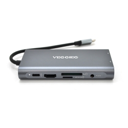 Хаб-конвертер VEGGIEG TC10-U Type-C (папа) на Type-C(мама) + USB3.0*3(мама) + HDMI(мама) + VGA(мама) + SD / TF + RJ45, 10 см, Silver, Box