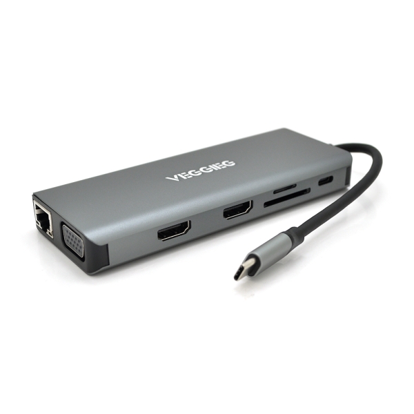 Хаб-конвертер VEGGIEG TC12 Type-C (папа) на Type-C(мама) + USB3.0*4(мама) + HDMI*2(мама) + VGA(мама) + SD / TF + RJ45, 10 см, Silver, Box