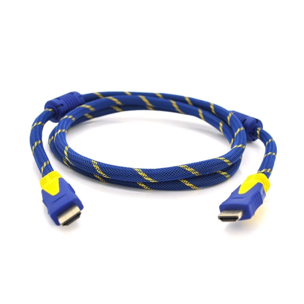 Кабель Merlion HDMI-HDMI 3.0m, v1.4, OD-8.0mm, 2 фильтра, оплетка, круглый Blue / Gold, коннектор Blue-yellow, (Пакет) Q150