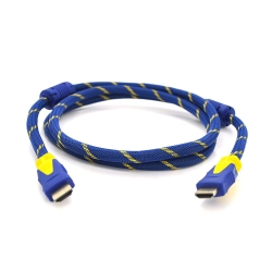 Кабель Merlion HDMI-HDMI 3.0m, v1.4, OD-8.0mm, 2 фильтра, оплетка, круглый Blue / Gold, коннектор Blue-yellow, (Пакет) Q150