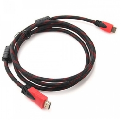 Кабель Merlion HDMI-HDMI 2.0m, v1.4, OD-7.4mm, 2 фильтра, оплетка, круглый Black / RED, коннектор RED / Black, (Пакет), Q200