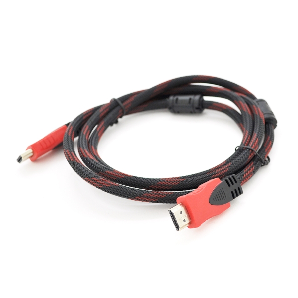 Кабель Merlion HDMI-HDMI 15m, v1.4, OD-7.4mm, 2 фильтра, оплетка, круглый Black / RED, коннектор RED / Black, (Пакет) Q35