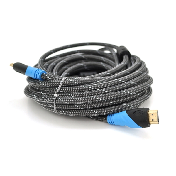 Кабель Merlion HDMI-HDMI 10m, v1.4, OD-7.4mm, 2 фильтра, оплетка, круглый Silver, коннектор Black / Blue, (Пакет) Q50