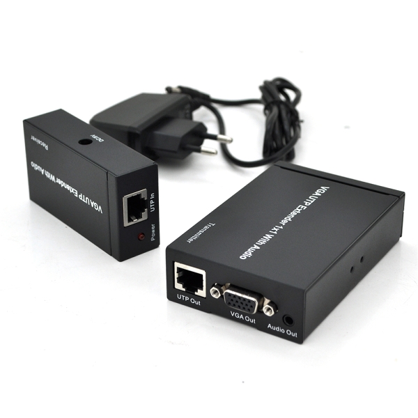 Активный удлинитель VGA сигнала до 300m по витой паре Cat5e / 6e, 1080P, Black, BOX